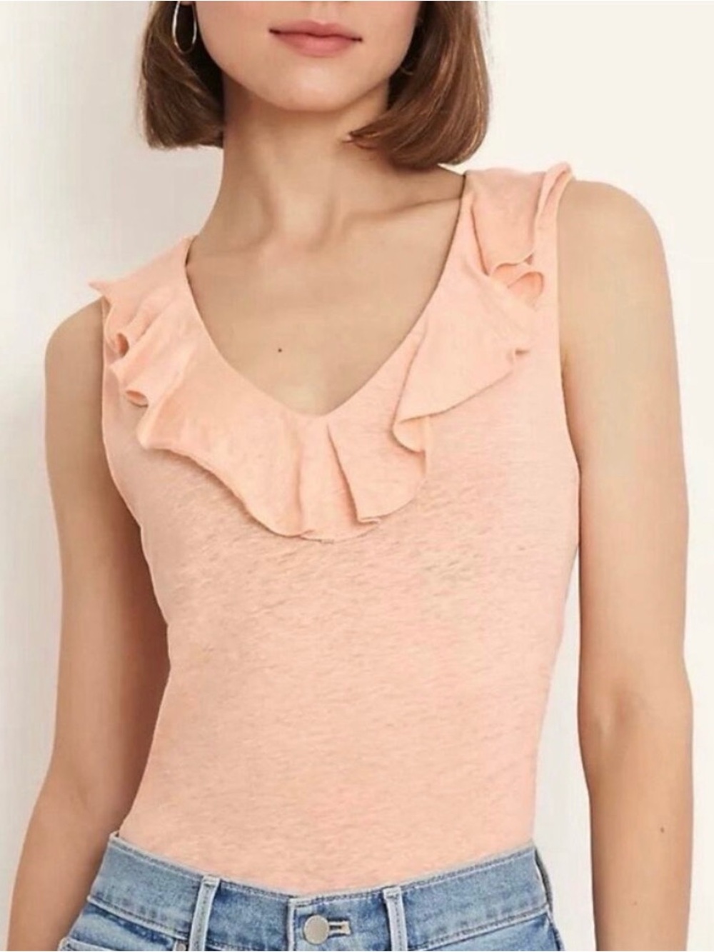 Ann Taylor XXL Peach 100% Linen Slub Knit Ruffle V-Neck Sleeveless Tank Top NWT